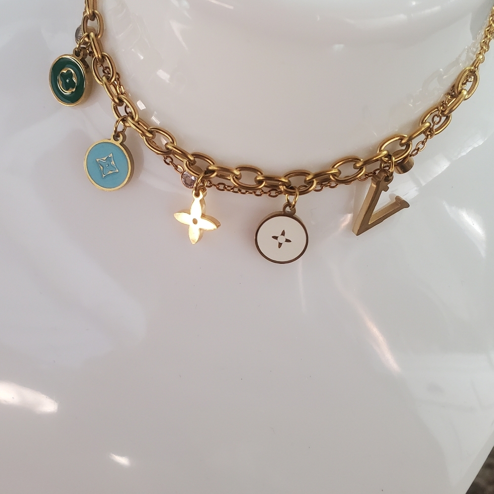 Double Chain Gold Charm Bracelet with Multicolor Accents